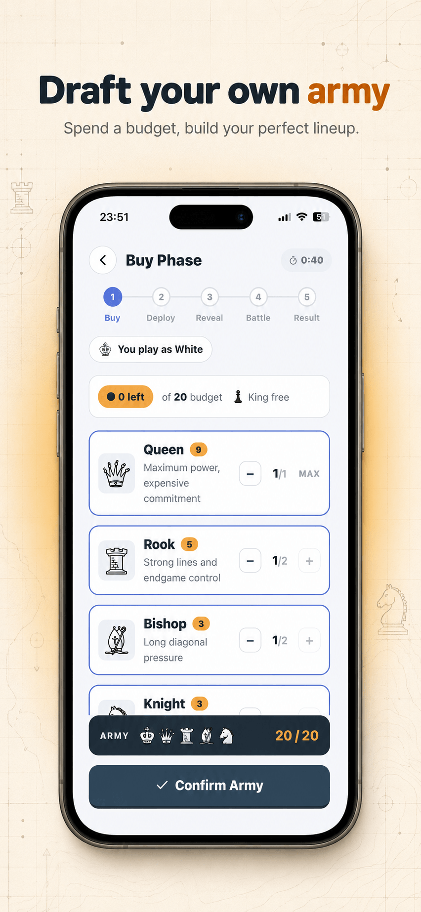 Buy Phase screen: spending a 20-point budget on queens, rooks and bishops.