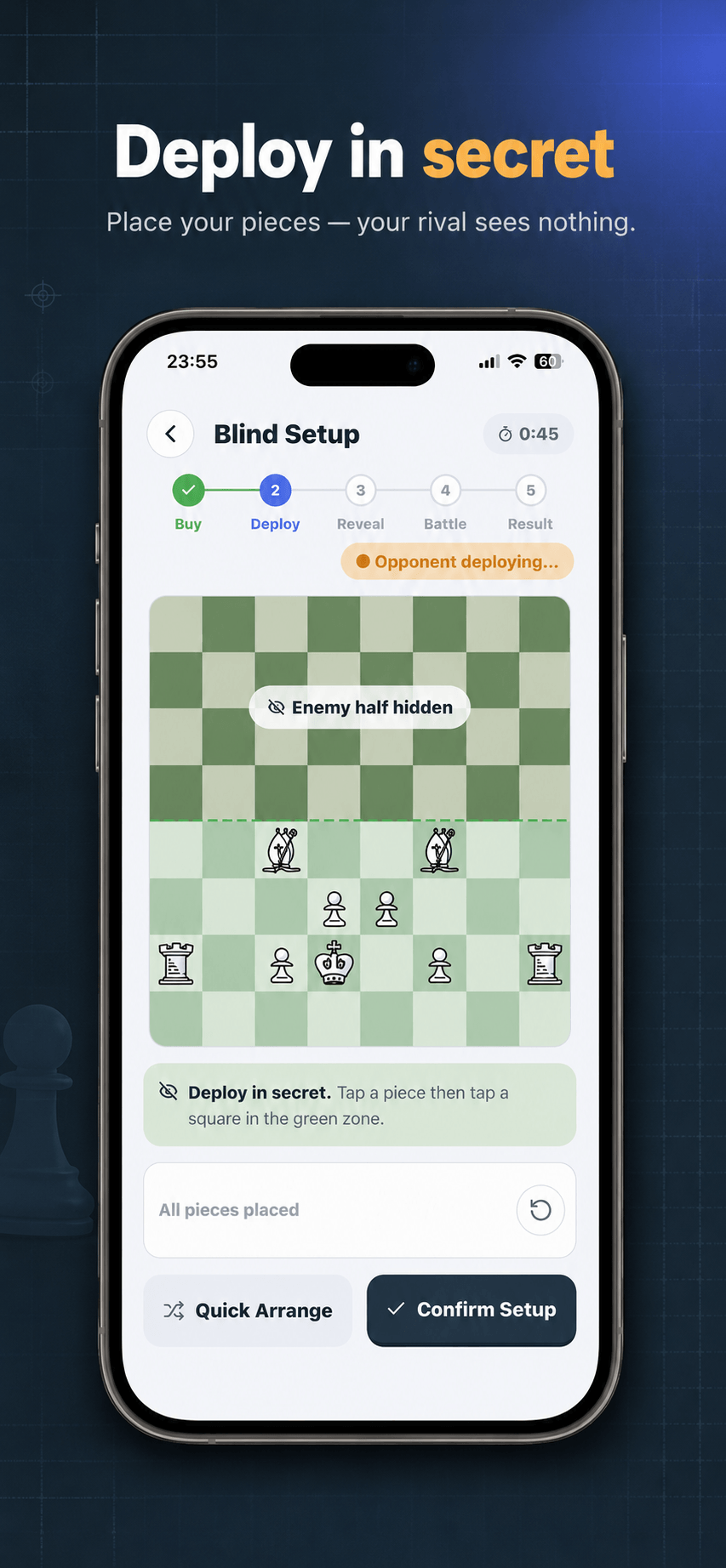 Blind Setup screen: arranging pieces while the enemy half stays hidden.