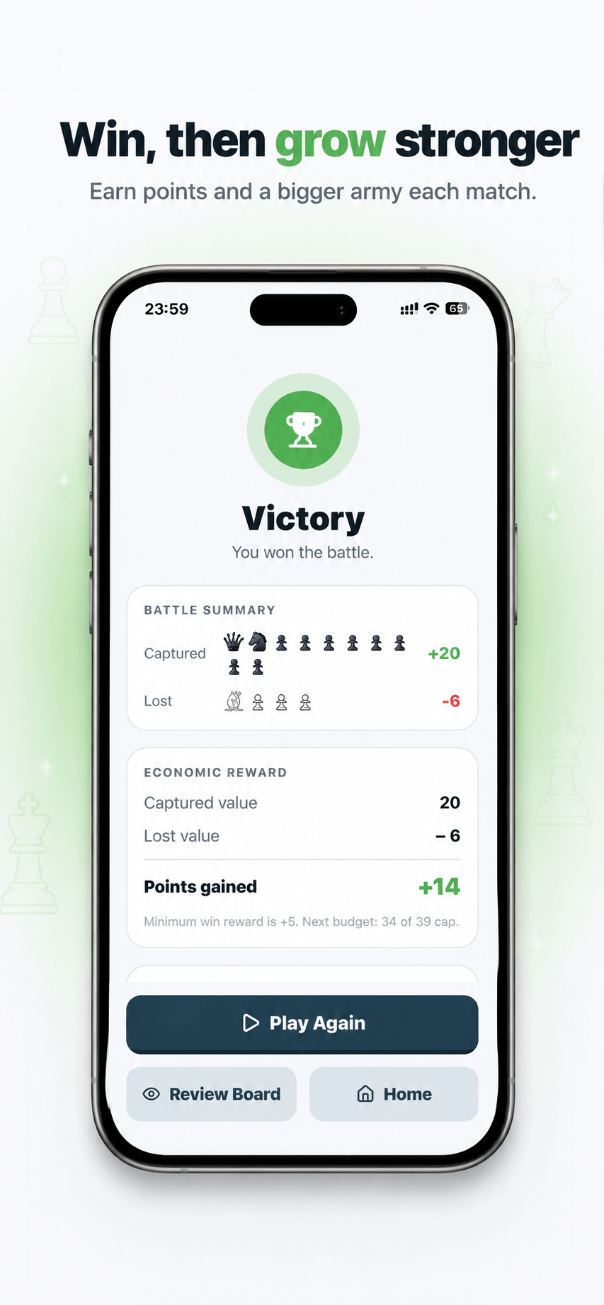 Victory screen: battle summary with captured value and points gained.